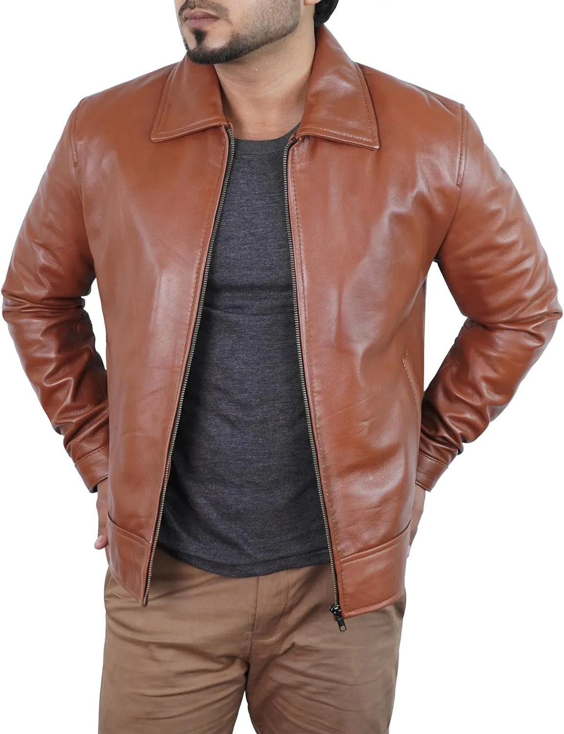 Leather Jacket Men - Polo Collar Vintage Shirt Style Real Lambskin Men Leather Jacket