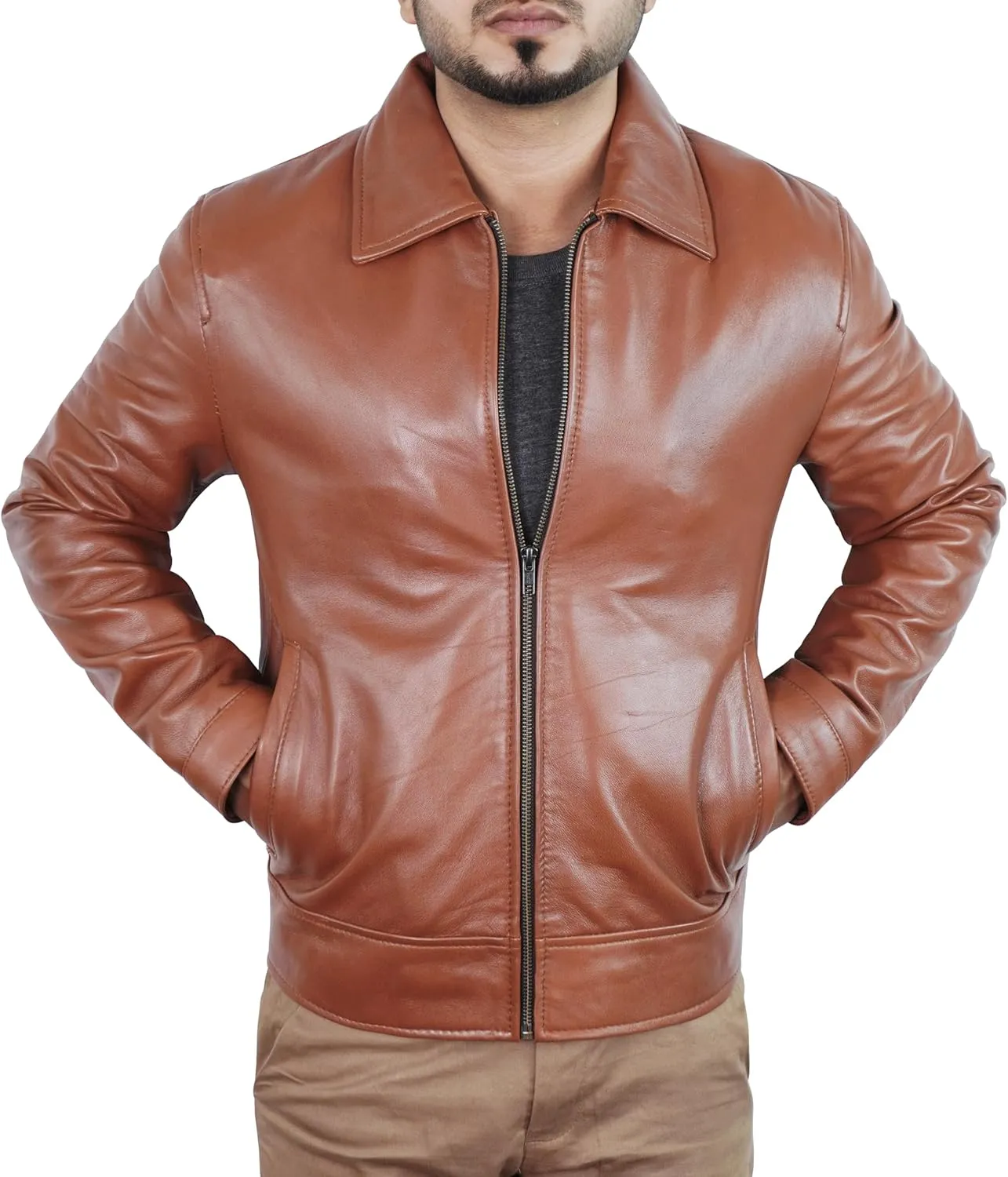 Leather Jacket Men - Polo Collar Vintage Shirt Style Real Lambskin Men Leather Jacket