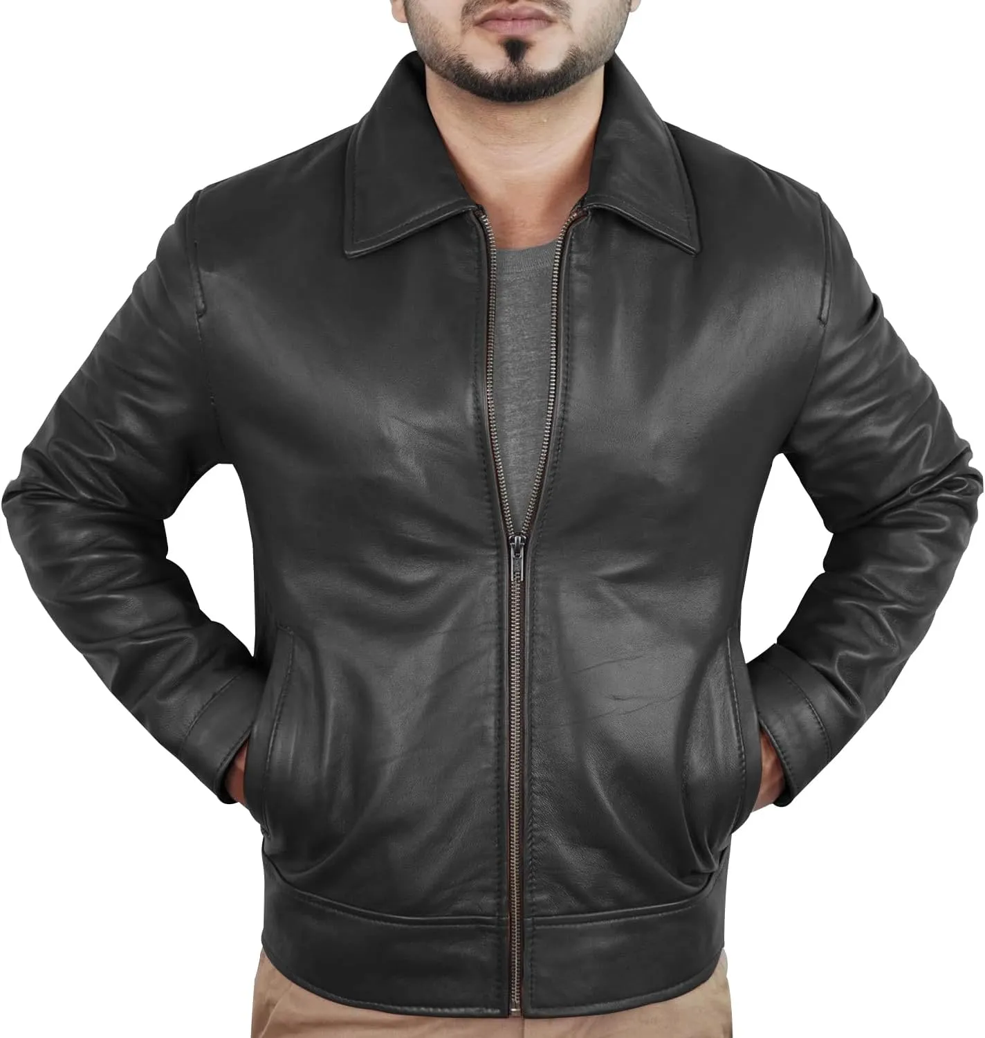 Leather Jacket Men - Polo Collar Vintage Shirt Style Real Lambskin Men Leather Jacket