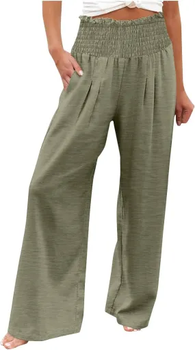 Linen Pants for Women 2025 Summer Casual Loose Wide Leg Palazzo Smocked High Waist Flowy Beach Trousers Resort Wear