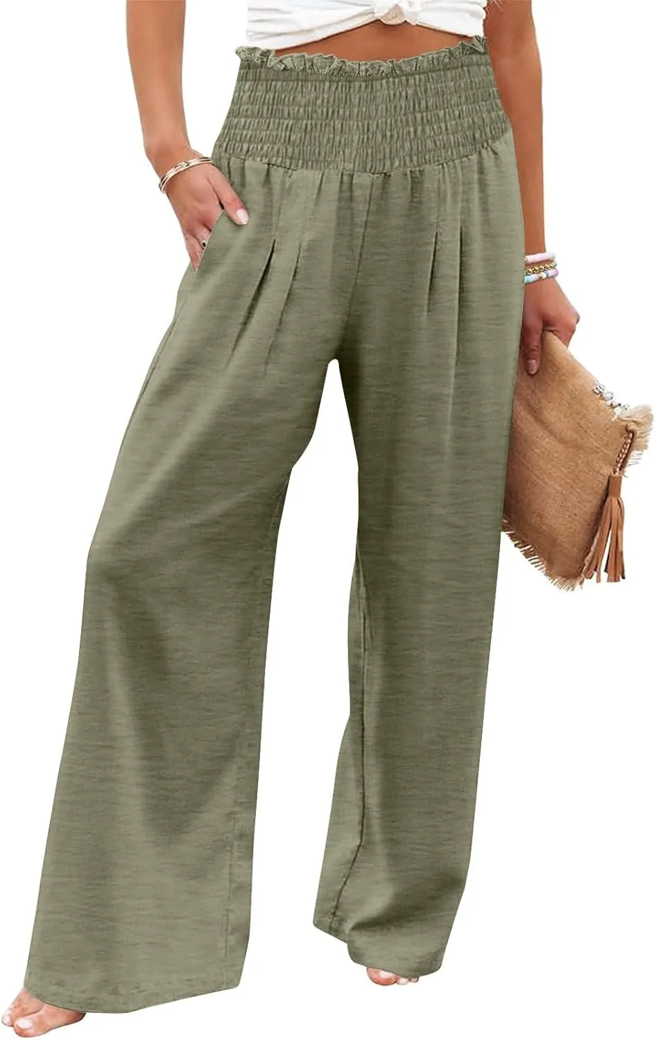 Linen Pants for Women 2025 Summer Casual Loose Wide Leg Palazzo Smocked High Waist Flowy Beach Trousers Resort Wear