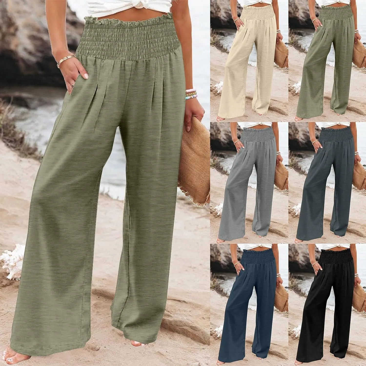 Linen Pants for Women 2025 Summer Casual Loose Wide Leg Palazzo Smocked High Waist Flowy Beach Trousers Resort Wear