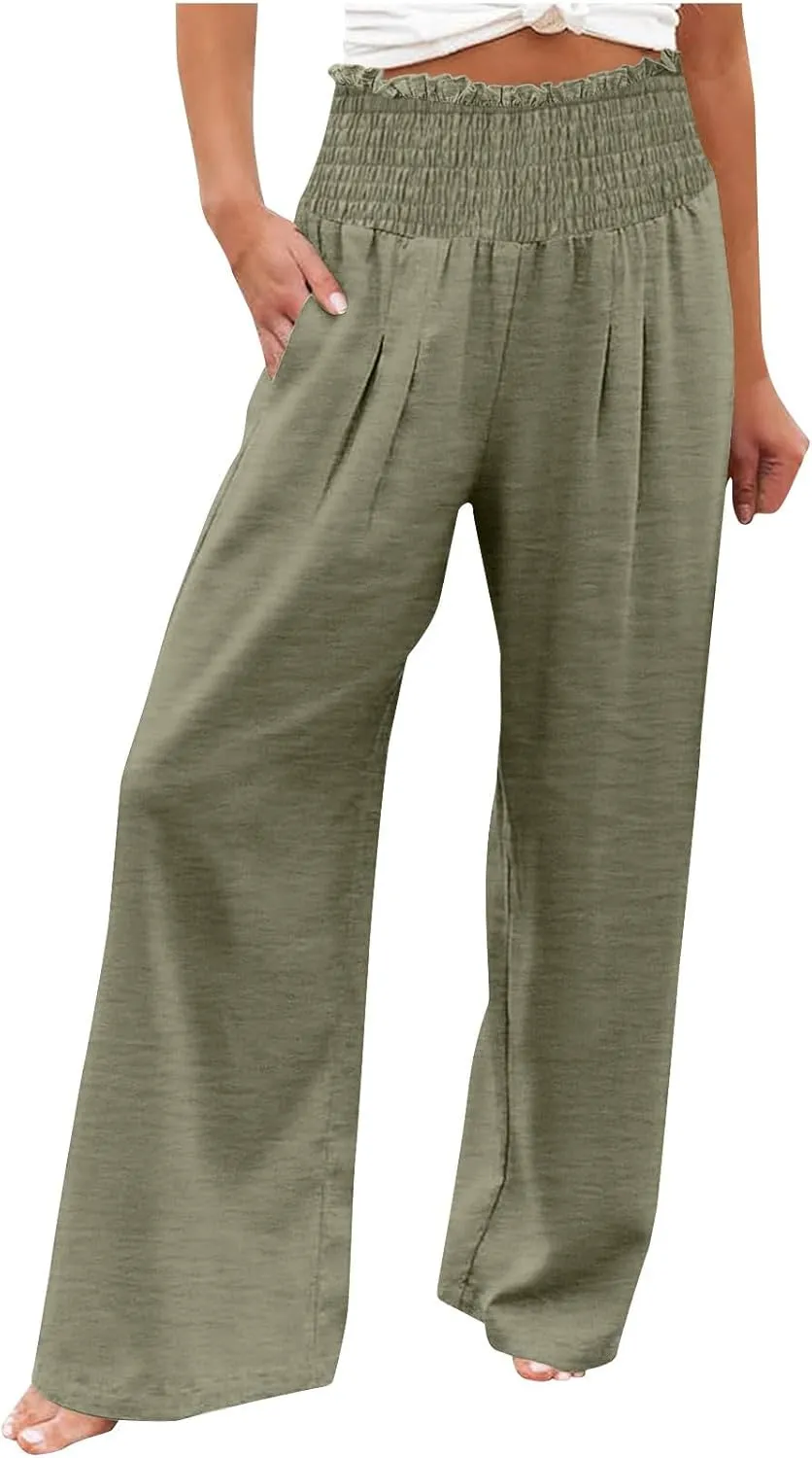 Linen Pants for Women 2025 Summer Casual Loose Wide Leg Palazzo Smocked High Waist Flowy Beach Trousers Resort Wear