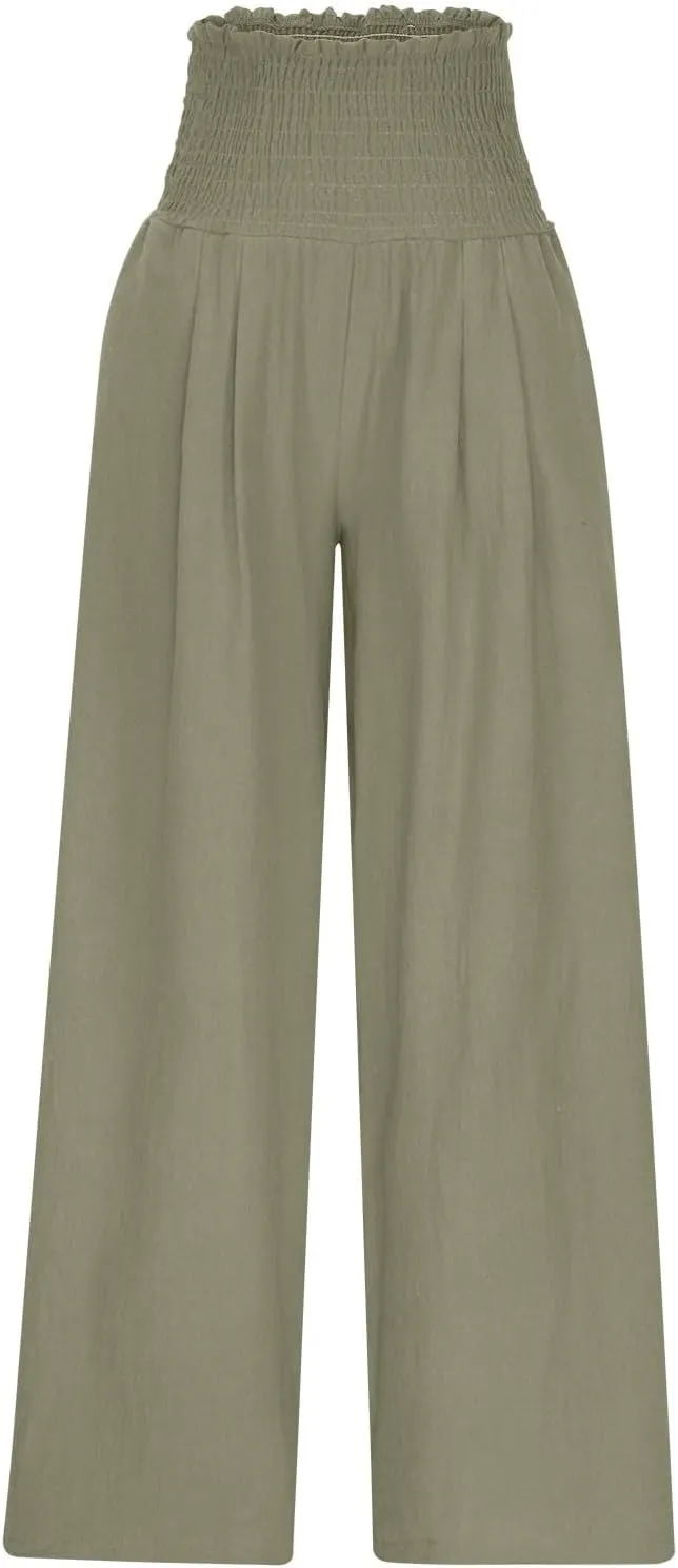 Linen Pants for Women 2025 Summer Casual Loose Wide Leg Palazzo Smocked High Waist Flowy Beach Trousers Resort Wear