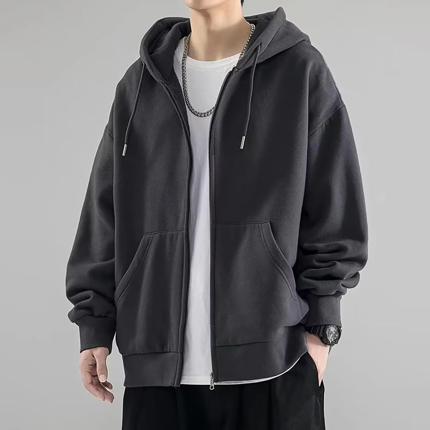 Long Sleeve Hooded Sweatshirt Pockets Mens Simple Casual Loose Hoodless Oversize Zipper Solid Stand Collar Hoodless