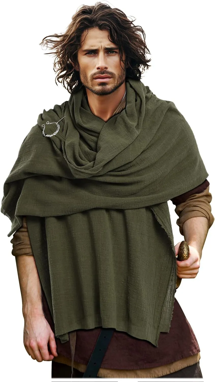 L'VOW Men's Medieval Hooded Cloak Greek Gods Shoulder Cape Post Apocalyptic Wrap Scarf Rogue Cowl Viking Renaissance