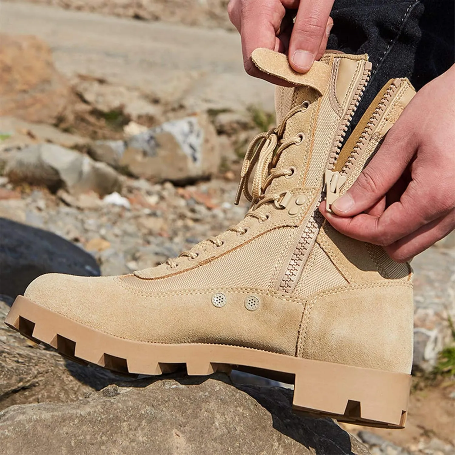 Men Desert Tactical Military Boots, Mens Working Safty Shoes Breathable Army Combat Boots, Men Hiking Shoes, Black-44