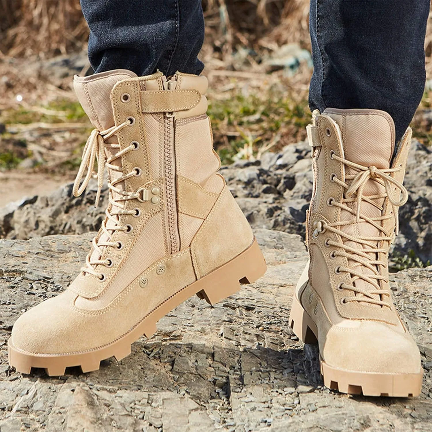 Men Desert Tactical Military Boots, Mens Working Safty Shoes Breathable Army Combat Boots, Men Hiking Shoes, Black-44