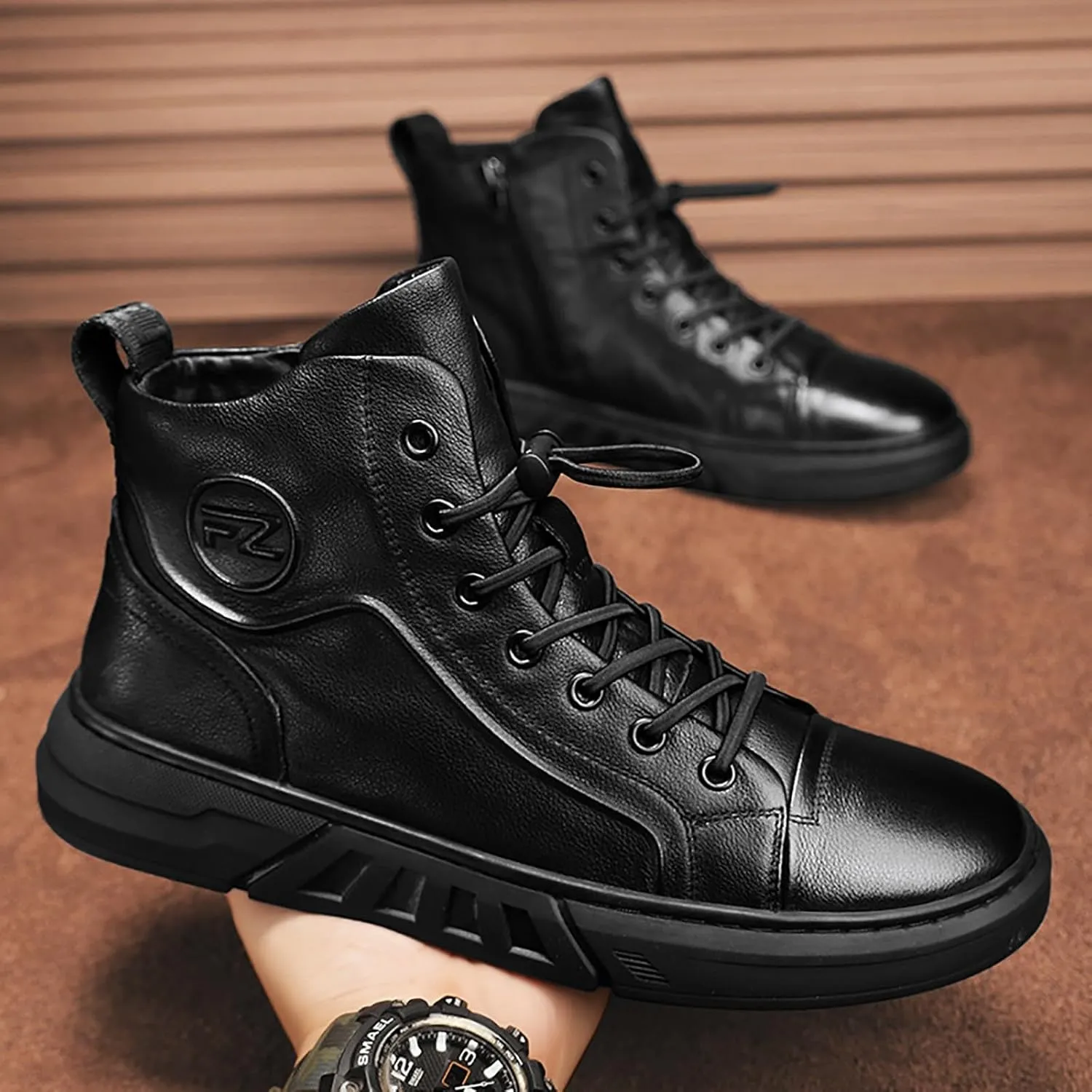 Men's Boots High Top Water Proof Round Toe Laced Up Casual Shoes Trendy and Versatile Vintage Leather British Stylish Custom All Black Synthetic PU Leather Sneakers