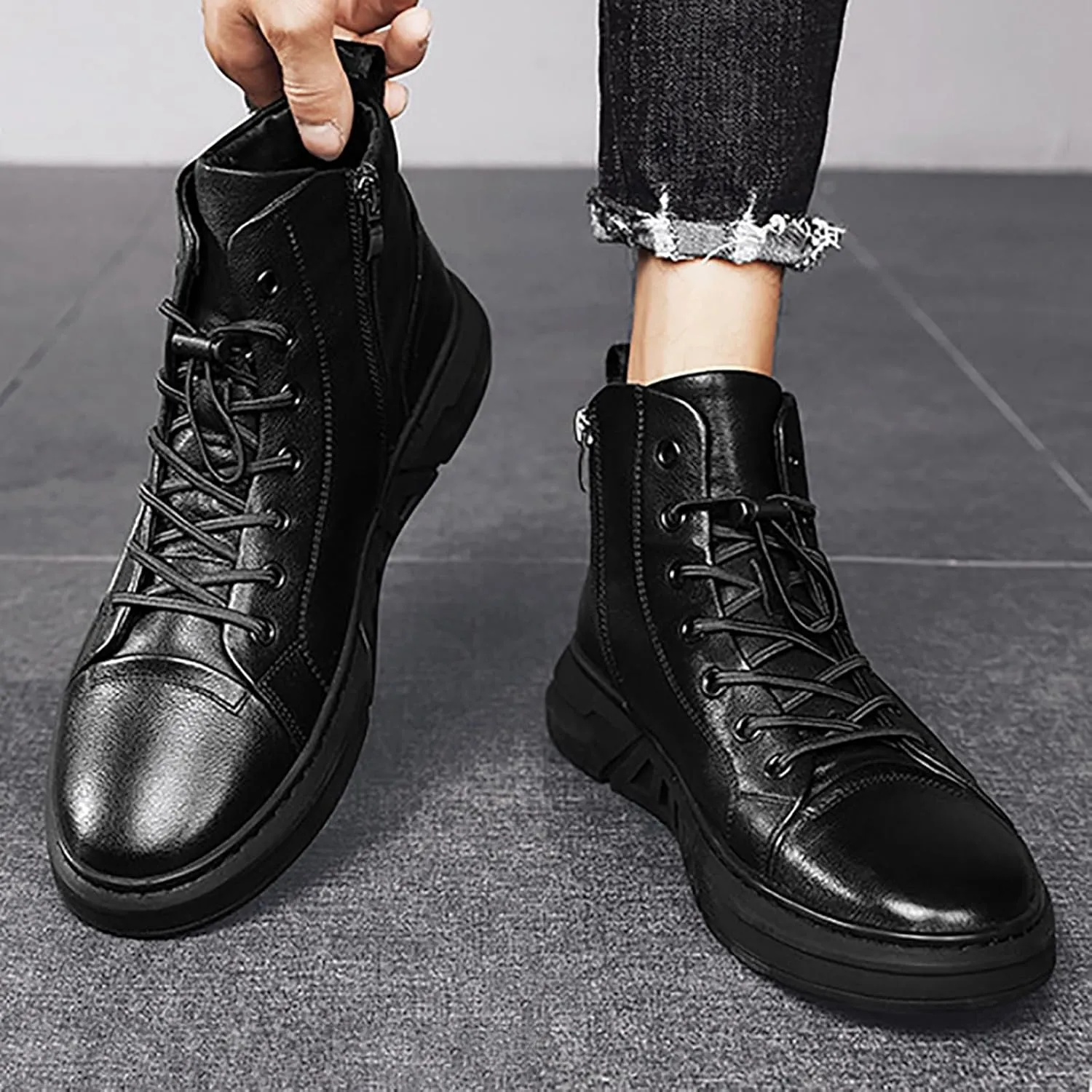 Men's Boots High Top Water Proof Round Toe Laced Up Casual Shoes Trendy and Versatile Vintage Leather British Stylish Custom All Black Synthetic PU Leather Sneakers