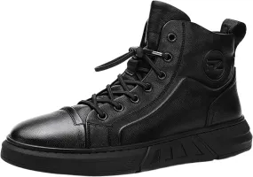 Men's Boots High Top Water Proof Round Toe Laced Up Casual Shoes Trendy and Versatile Vintage Leather British Stylish Custom All Black Synthetic PU Leather Sneakers