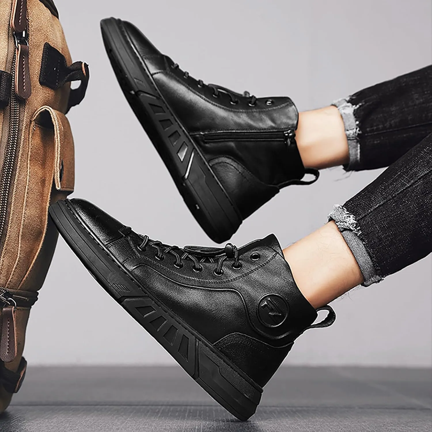 Men's Boots High Top Water Proof Round Toe Laced Up Casual Shoes Trendy and Versatile Vintage Leather British Stylish Custom All Black Synthetic PU Leather Sneakers