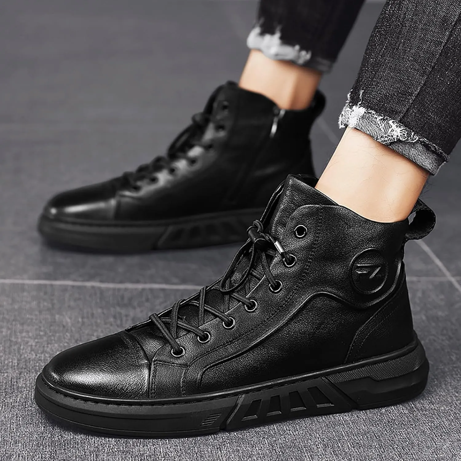 Men's Boots High Top Water Proof Round Toe Laced Up Casual Shoes Trendy and Versatile Vintage Leather British Stylish Custom All Black Synthetic PU Leather Sneakers