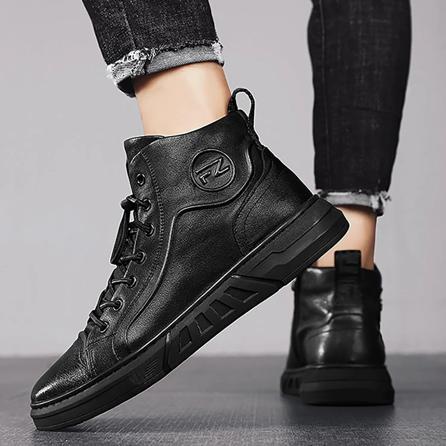 Men's Boots High Top Water Proof Round Toe Laced Up Casual Shoes Trendy and Versatile Vintage Leather British Stylish Custom All Black Synthetic PU Leather Sneakers
