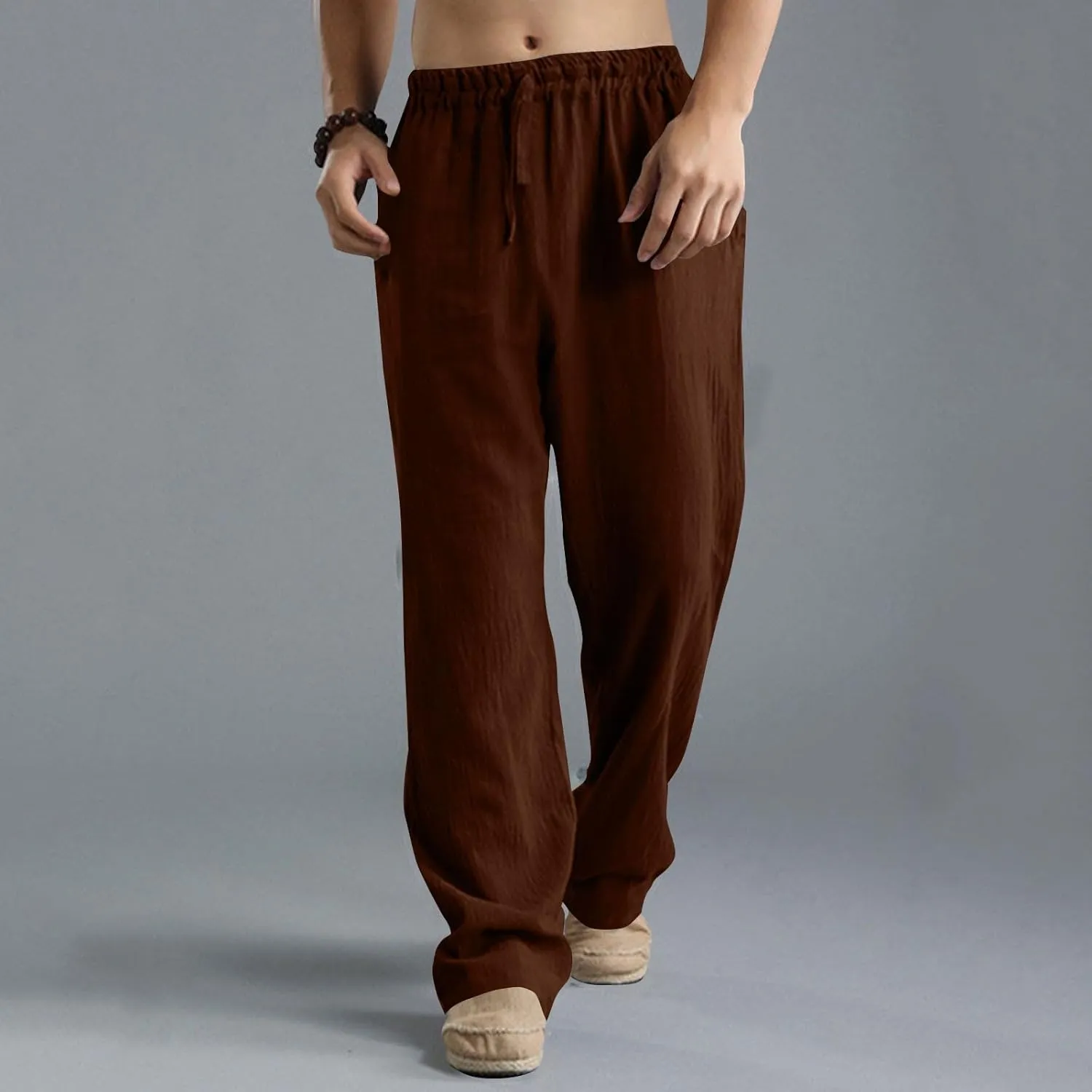 Men's Casual Linen Pants Elastic Waist Drawstring Beach Summer Pant Lightweight Straight Legs Loose Fit Trousers