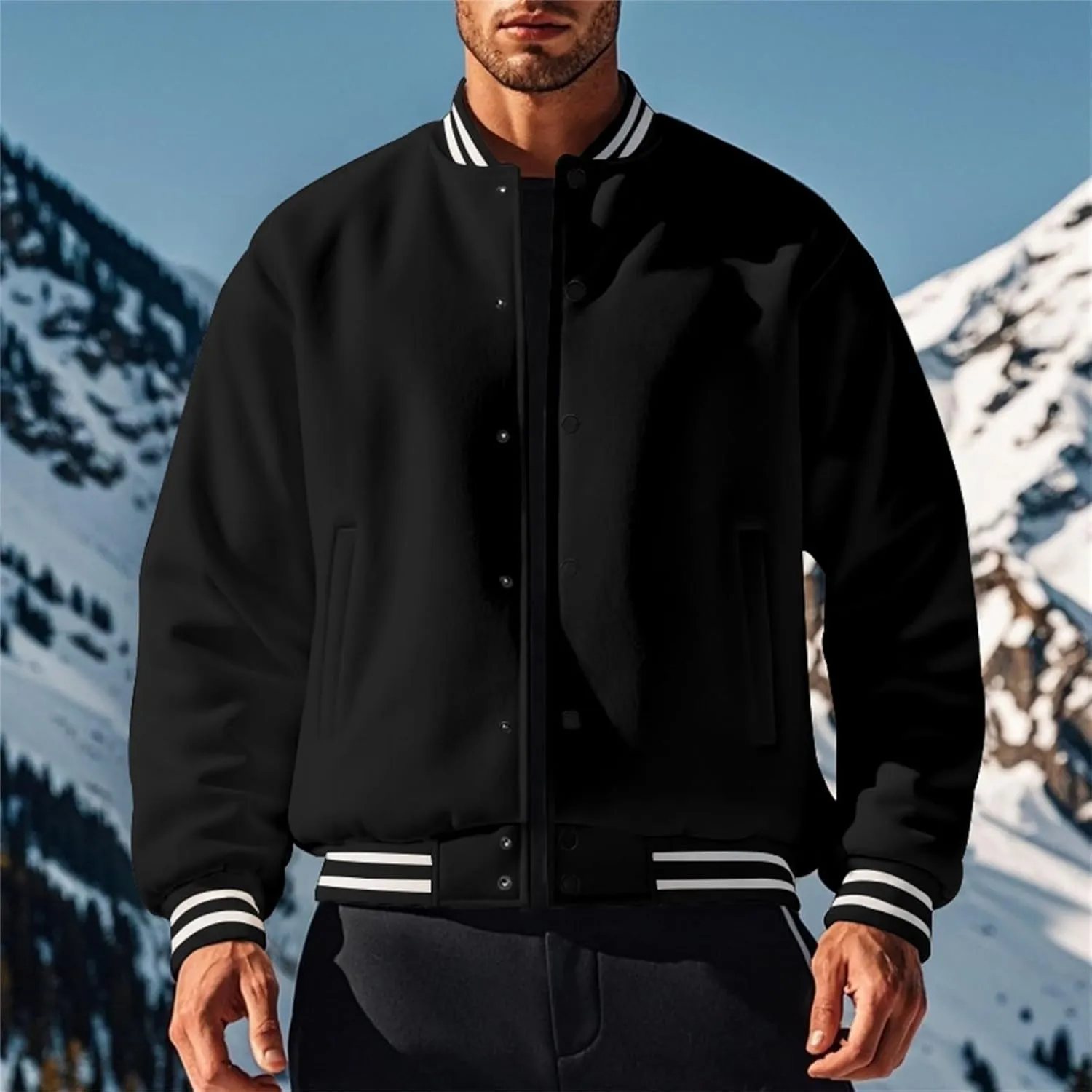 Men's Casual Varsity Jacket Classic Fit Vintage Buckle Jackets Lightweight Button Down Collarless Bomber Jackets