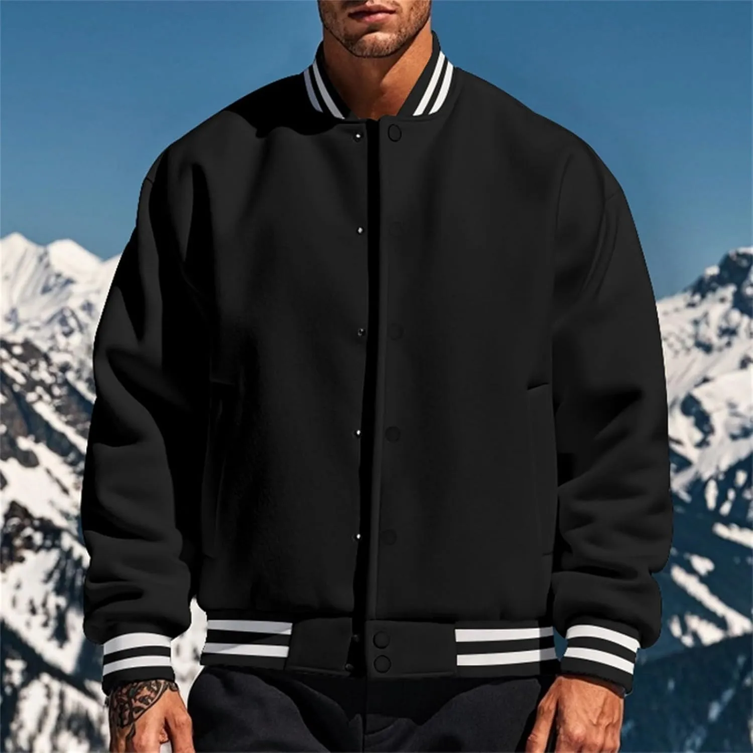 Men's Casual Varsity Jacket Classic Fit Vintage Buckle Jackets Lightweight Button Down Collarless Bomber Jackets