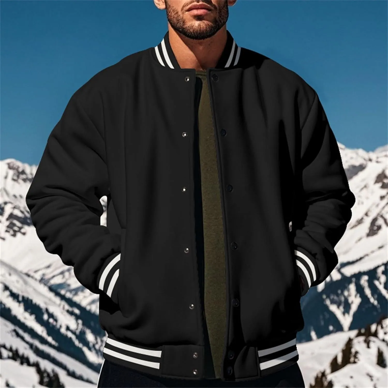 Men's Casual Varsity Jacket Classic Fit Vintage Buckle Jackets Lightweight Button Down Collarless Bomber Jackets