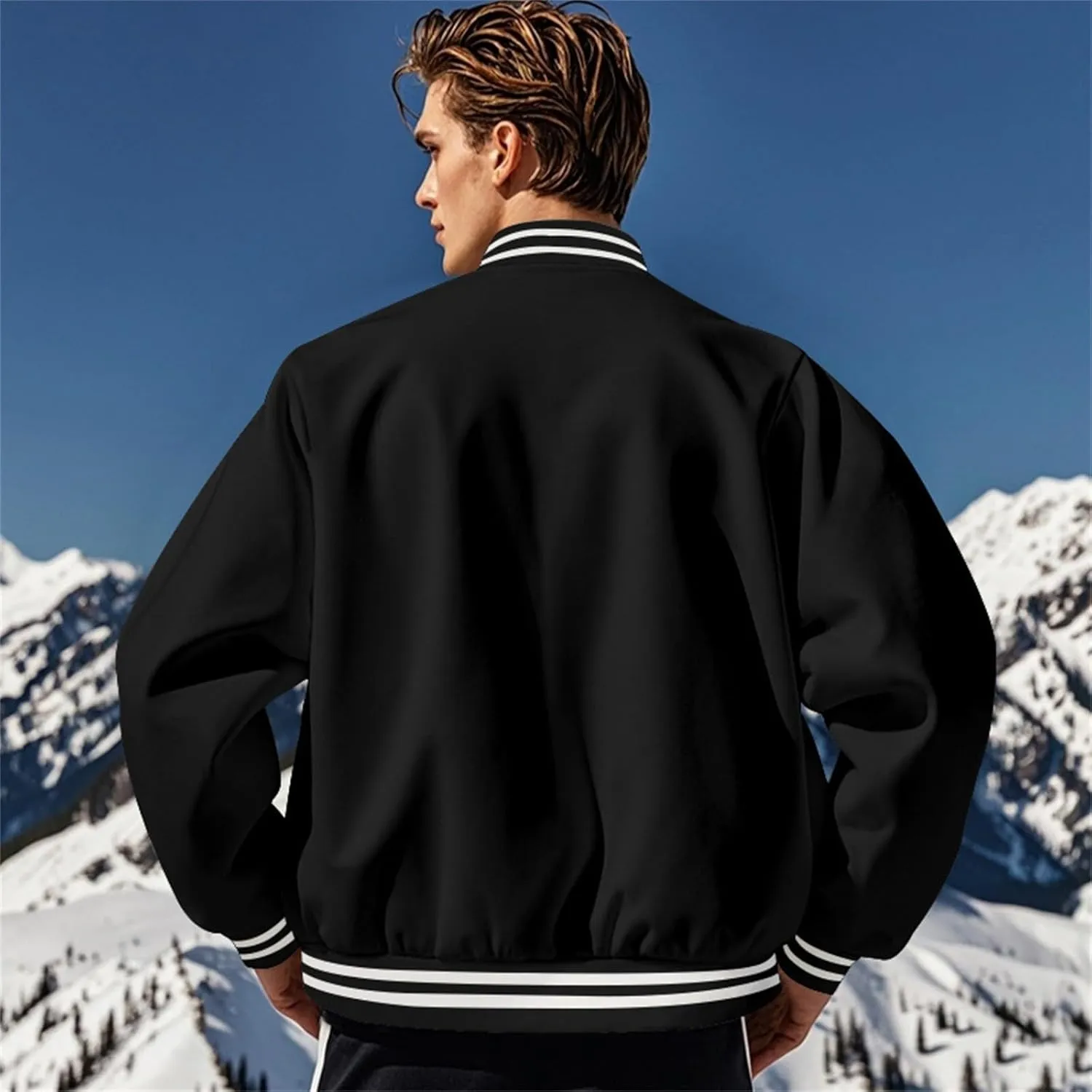 Men's Casual Varsity Jacket Classic Fit Vintage Buckle Jackets Lightweight Button Down Collarless Bomber Jackets