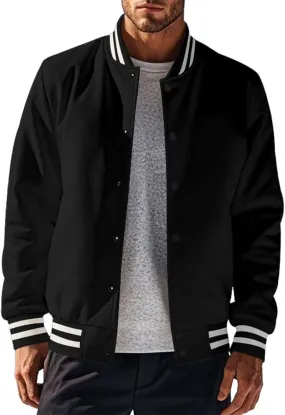 Men's Casual Varsity Jacket Classic Fit Vintage Buckle Jackets Lightweight Button Down Collarless Bomber Jackets