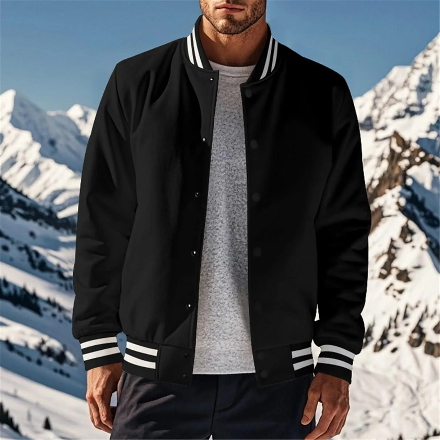 Men's Casual Varsity Jacket Classic Fit Vintage Buckle Jackets Lightweight Button Down Collarless Bomber Jackets