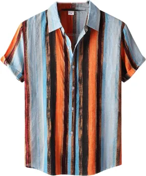 Mens Color Block Striped Print Short Sleeve Button Up Casual Shirts, Cotton Linen Summer Floral Hawaiian Shirts
