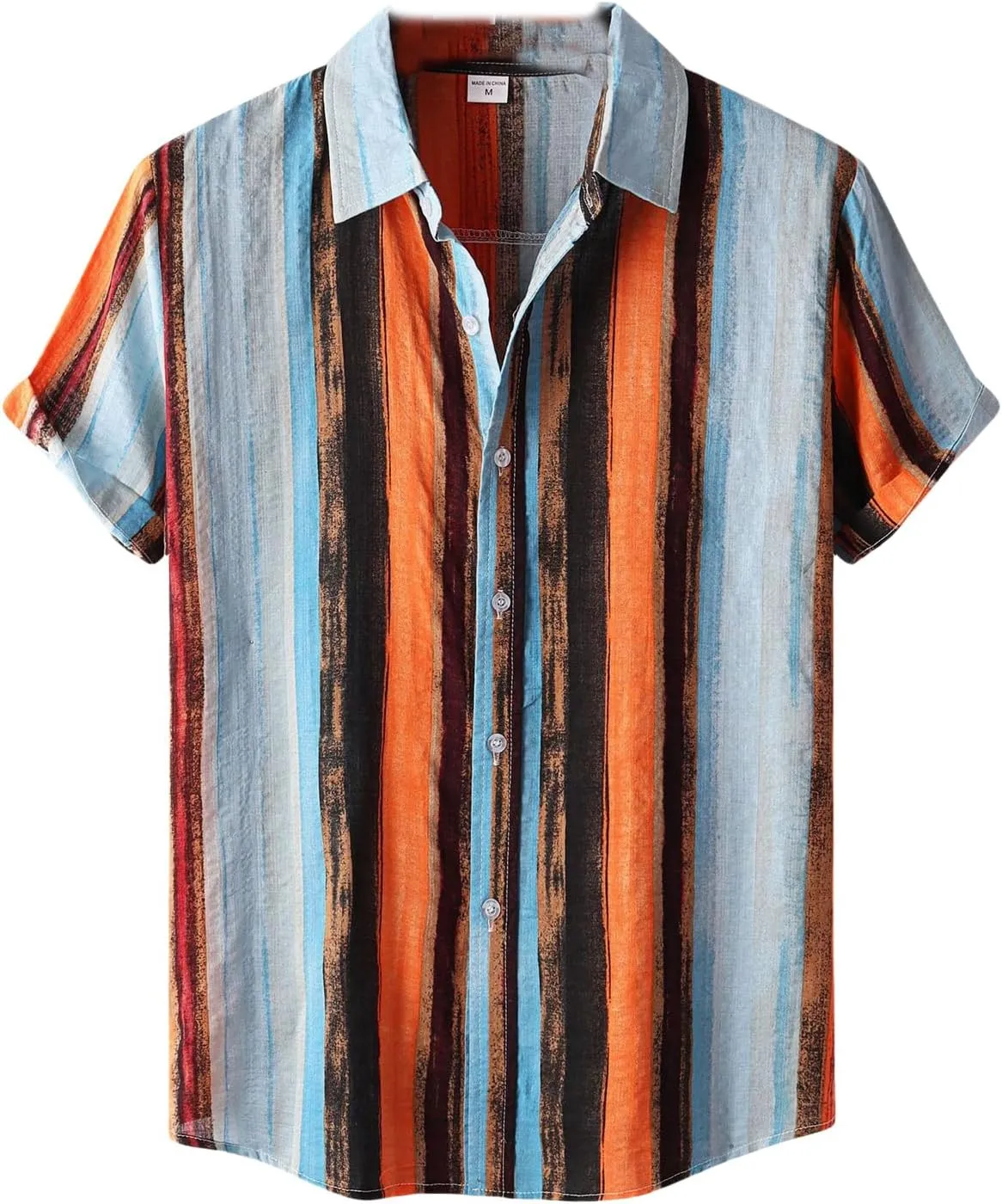 Mens Color Block Striped Print Short Sleeve Button Up Casual Shirts, Cotton Linen Summer Floral Hawaiian Shirts