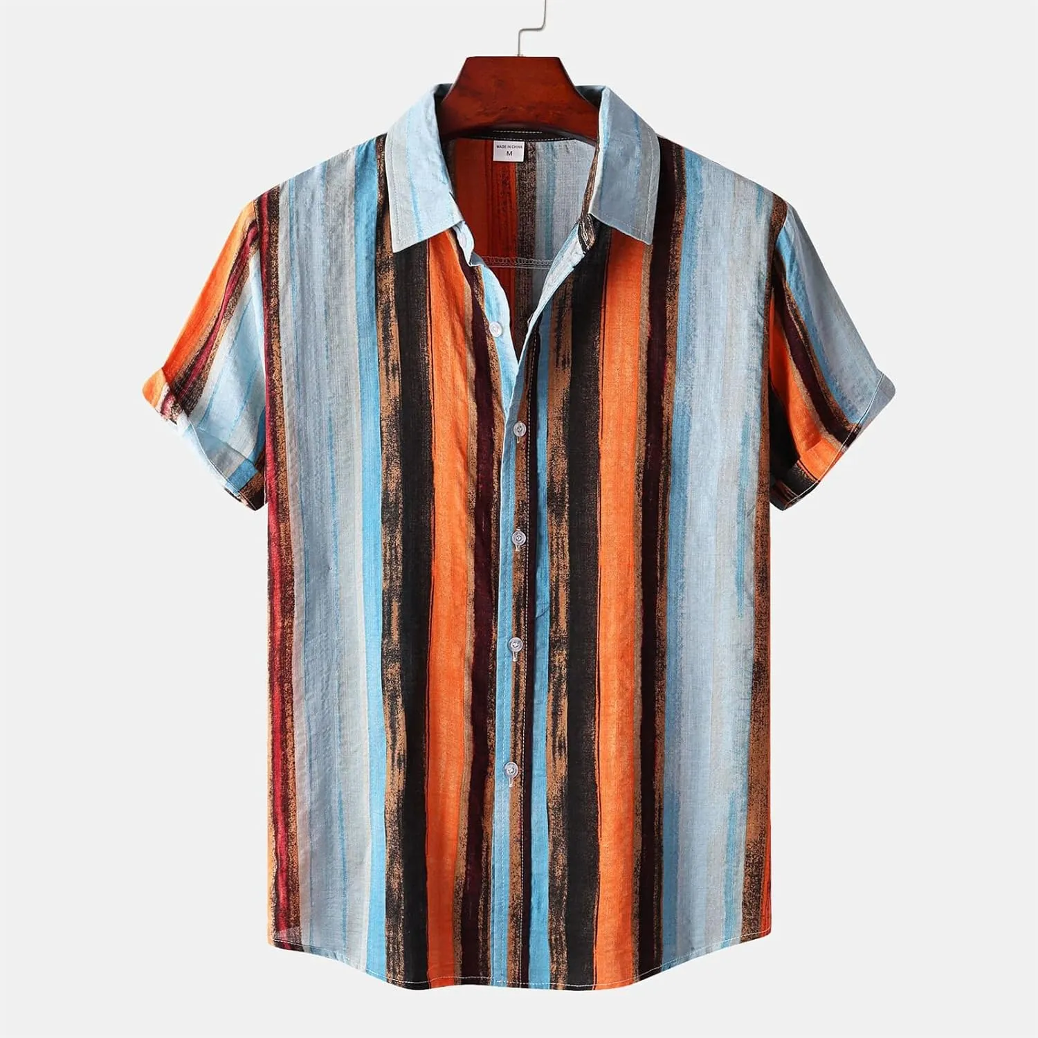 Mens Color Block Striped Print Short Sleeve Button Up Casual Shirts, Cotton Linen Summer Floral Hawaiian Shirts