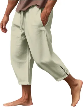 Men's Cotton Linen Pants 2024 Solid Color Harem Pants Casual Capri Pants/Trousers Lightweight Loose Beach Summer