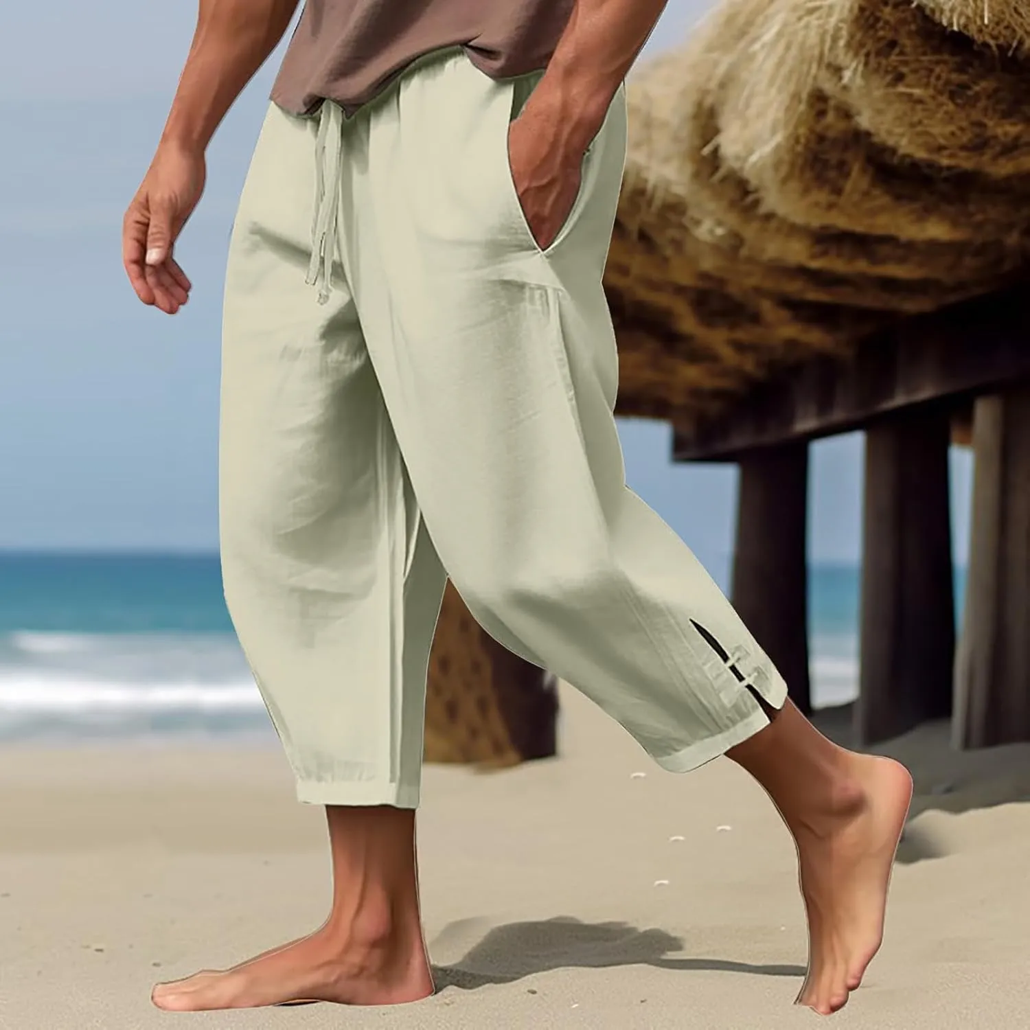 Men's Cotton Linen Pants 2024 Solid Color Harem Pants Casual Capri Pants/Trousers Lightweight Loose Beach Summer