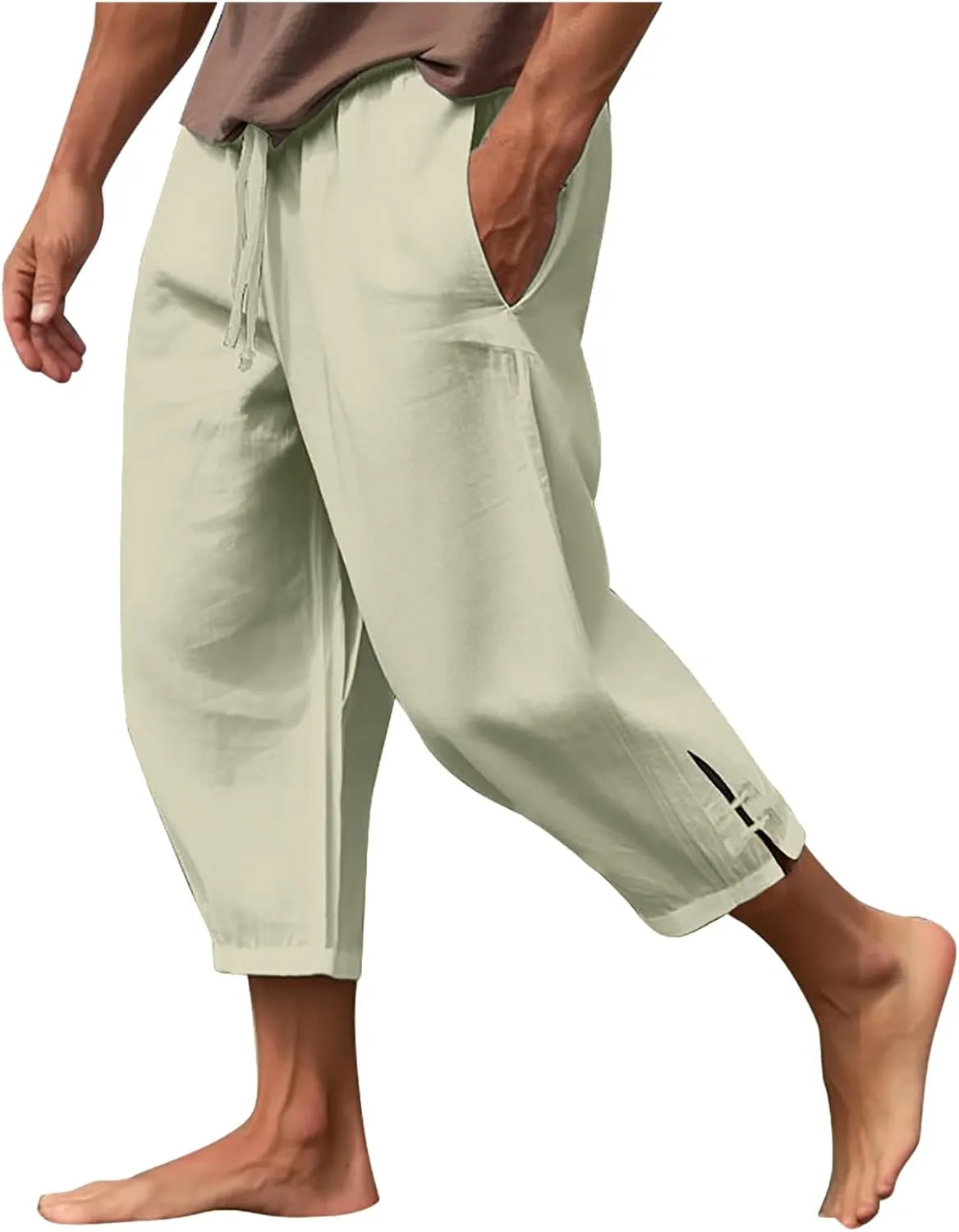 Men's Cotton Linen Pants 2024 Solid Color Harem Pants Casual Capri Pants/Trousers Lightweight Loose Beach Summer