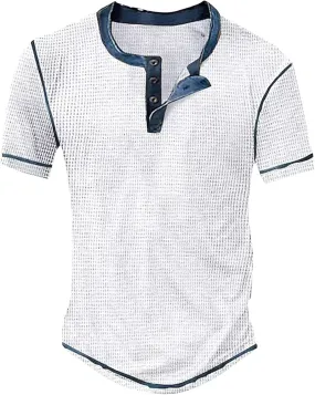 Mens Henley Shirts Vintage Color Block Waffle Plaid Short Sleeve Button T-Shirt Slim Fit Casual Polyester Shirt