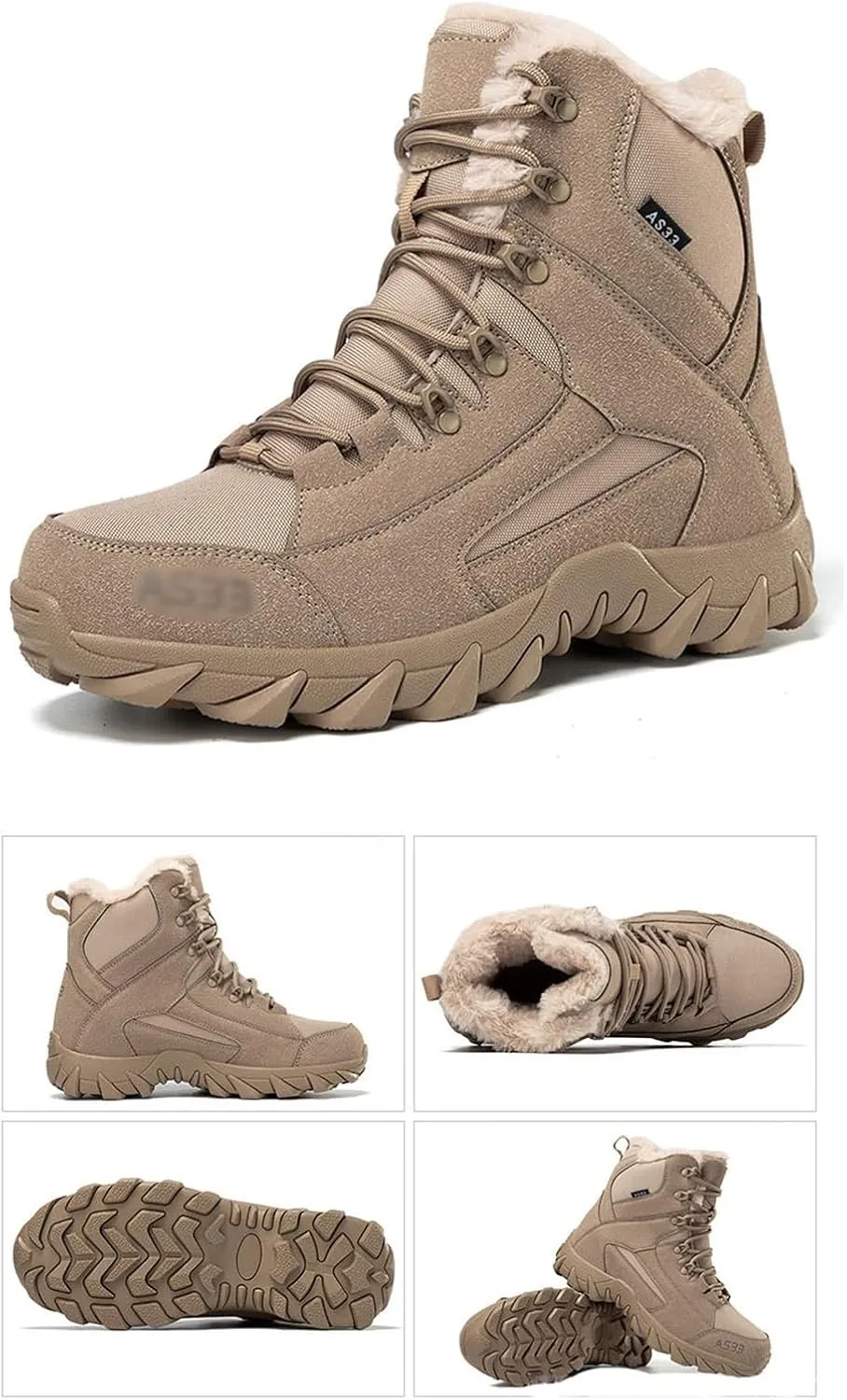 Men's Hiking Boots Military, Men Comfortable Thickened Winter Fur Lining Warm Mid-Top Security Combat Combat Boots, Waterproof Military Work Boots, for Outdoor Athletic Cold Weather