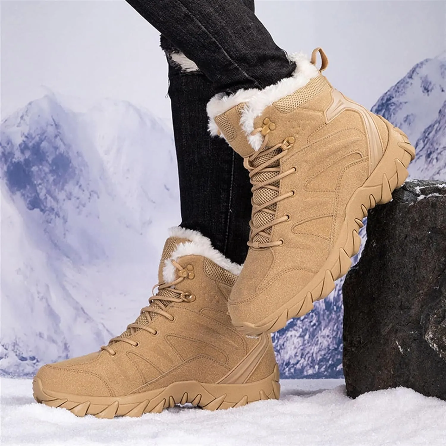 Men's Hiking Boots Military, Men Comfortable Thickened Winter Fur Lining Warm Mid-Top Security Combat Combat Boots, Waterproof Military Work Boots, for Outdoor Athletic Cold Weather