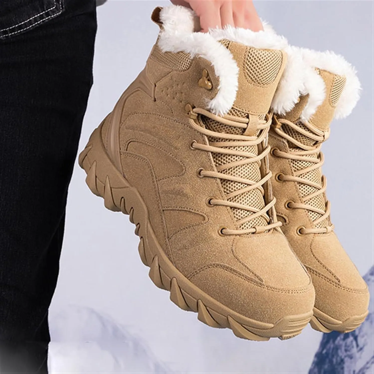 Men's Hiking Boots Military, Men Comfortable Thickened Winter Fur Lining Warm Mid-Top Security Combat Combat Boots, Waterproof Military Work Boots, for Outdoor Athletic Cold Weather