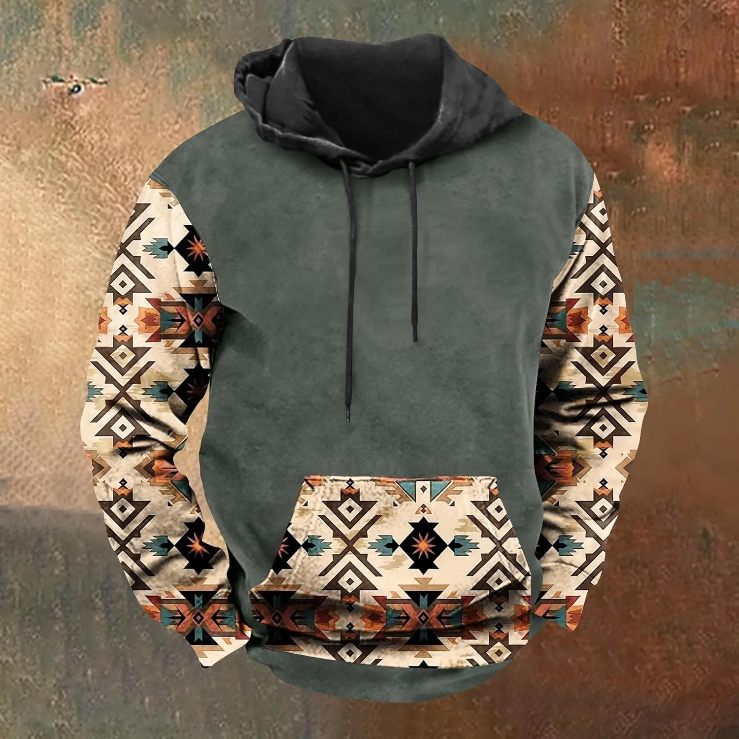 Mens Hoodies Pullover Western Aztec Ethnic Hooded Long Sleeve Sweatshirt Vintage Loose Casual Hoodie with Pockets