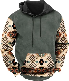 Mens Hoodies Pullover Western Aztec Ethnic Hooded Long Sleeve Sweatshirt Vintage Loose Casual Hoodie with Pockets