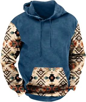 Mens Hoodies Pullover Western Aztec Ethnic Hooded Long Sleeve Sweatshirt Vintage Loose Casual Hoodie with Pockets