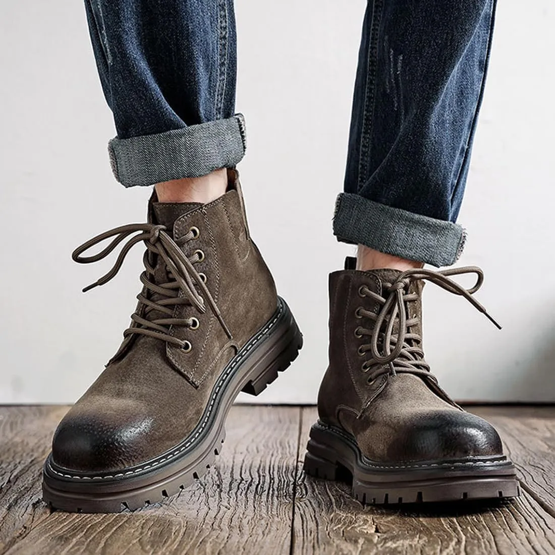 Men's Lace-up Fashion Boots Waterproof Full Grain Leather Chelsea Boot,Men Slip Resistant Service Boots Motorcycle Casual Side Zip Ankle Boots Mid-Top Dress Oxford Work Bootie