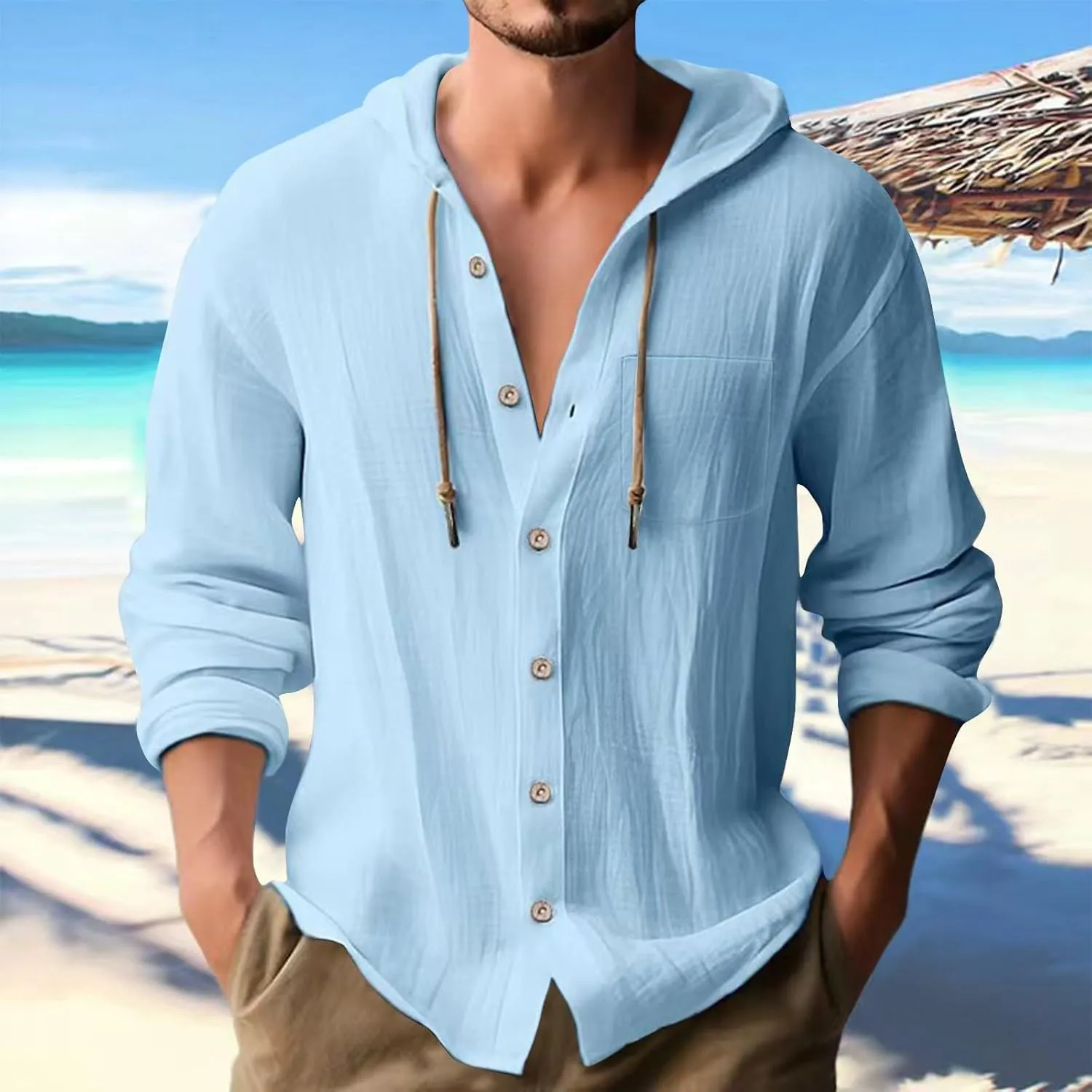 Mens Linen Button Down Shirts Casual Long Sleeve Roll-Up V Neck Hooded Summer Casual Hawaiian Beach Tops