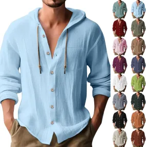 Mens Linen Button Down Shirts Casual Long Sleeve Roll-Up V Neck Hooded Summer Casual Hawaiian Beach Tops