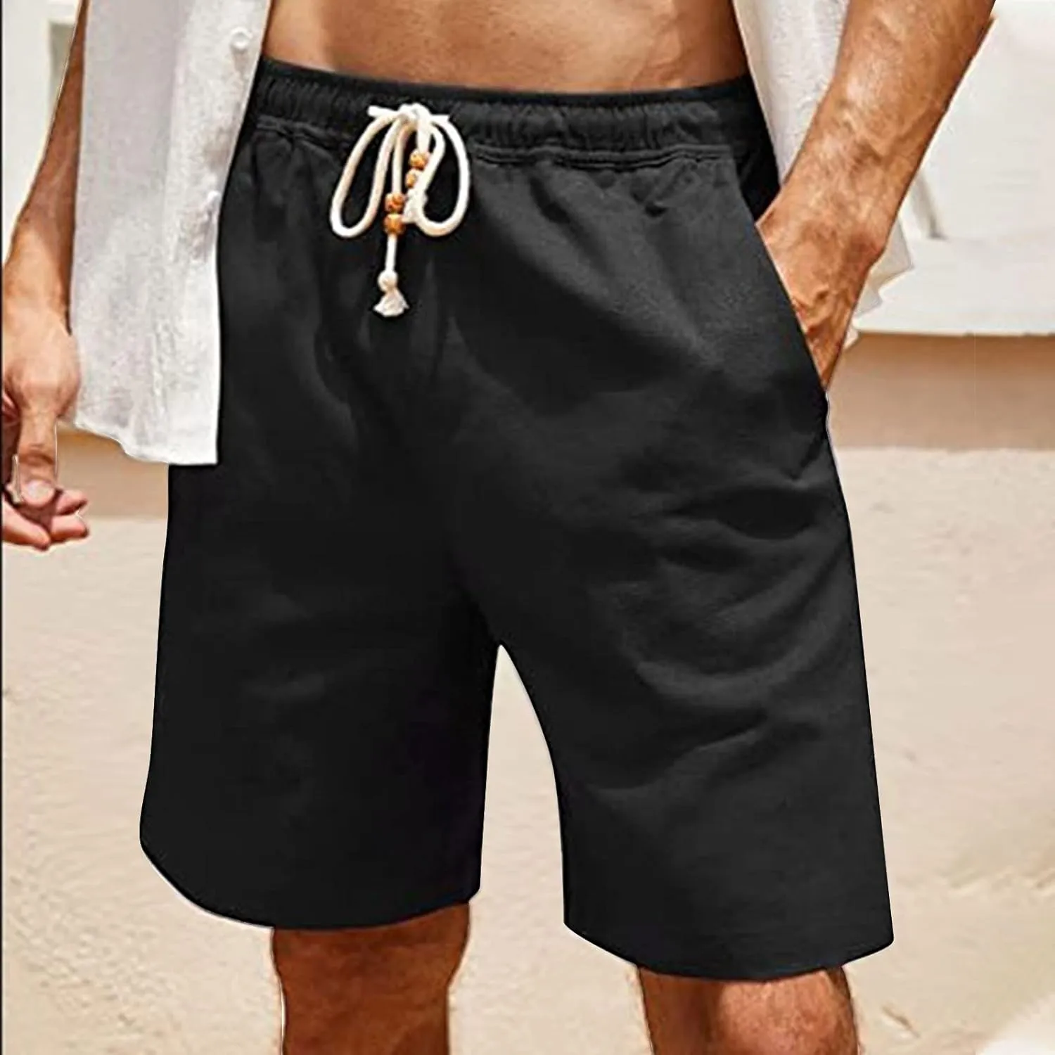 Men's Linen Shorts Loose Fit Summer Beach Shorts Elastic Waist Drawstring Casual Shorts Big and Tall Short Pants
