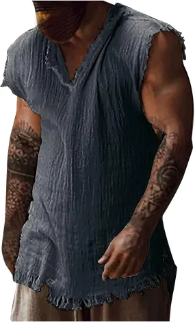 Men's Raw Edge Cotton Linen Tank Tops Casual Loose Vintage Sleeveless V-Neck T-Shirts Summer Hippie Beach Shirts