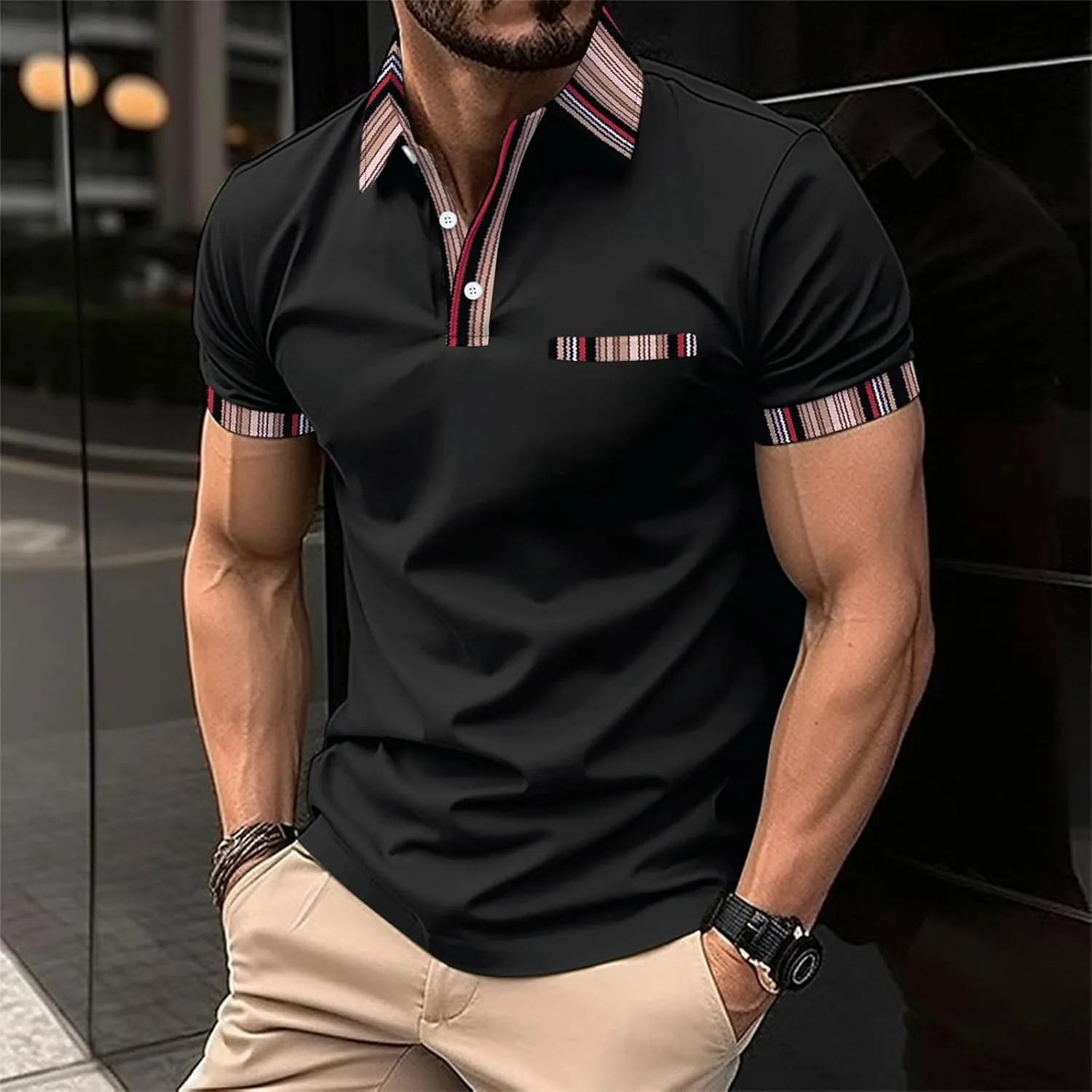 Mens Resort Wear 2025 Polyester Polo Shirts Short Sleeve Casual Summer Shirts Classic Collared Golf Shirt with Pocket