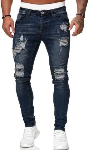 Men's Slim Fit Jeans Fashion Stretch Destroyed Ripped Skinny Jeans Side Striped Denim Pants with Pockets
