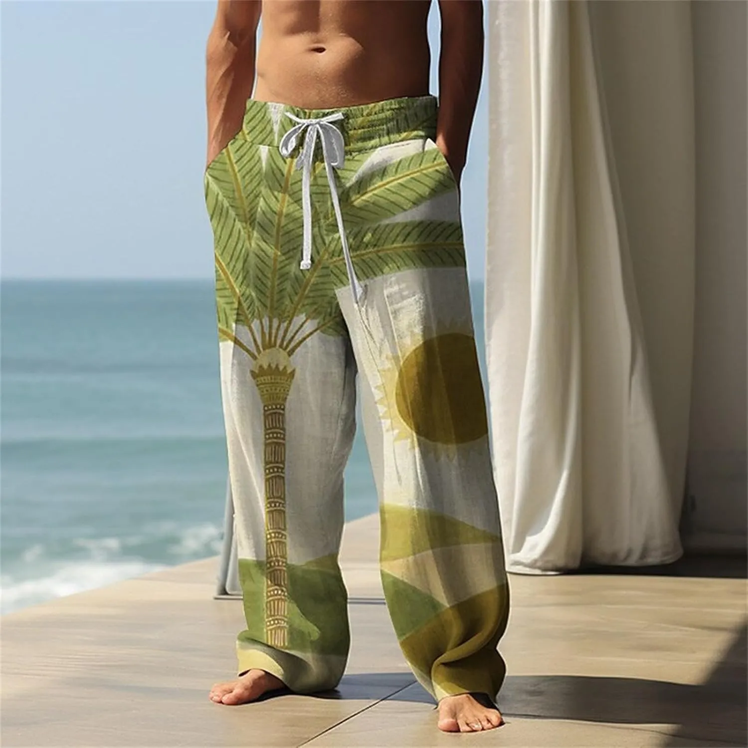 Mens Summer Pants Lightweight Casual Big and Tall Hawaiian Wide Leg Pants Vacation Golf Trousers Joggers