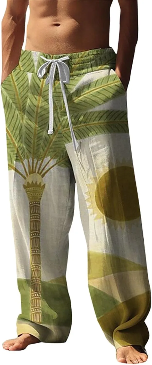 Mens Summer Pants Lightweight Casual Big and Tall Hawaiian Wide Leg Pants Vacation Golf Trousers Joggers