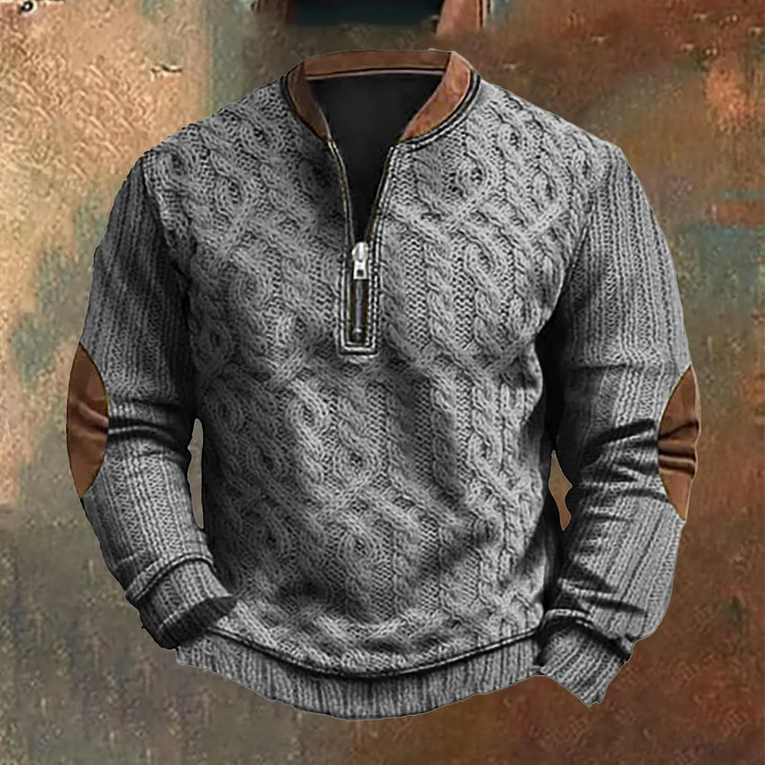 Mens Sweatshirts Hoodies Quarter Zip Oversized Vintage Printed Knit Pullover Loose Warm Fashion Crew Neck Sweater