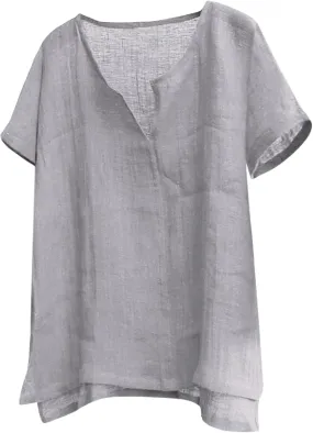 Mens V-Neck Henley Shirt Short Sleeve Collarless T Shirt Cotton Linen Solid Color Shirts Plus Size Fit Flowy Beach Tops
