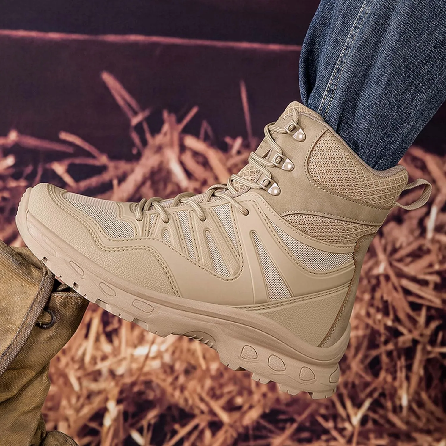 Men's Waterproof Anti-slip Wear-resistant Hiking Boots Military Training Boots Outdoor Hiking Breathable Boots high-top Lace-up Combat Boots Comfortable Work Boots